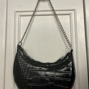 Black Croc-Embossed Chain Shoulder Bag